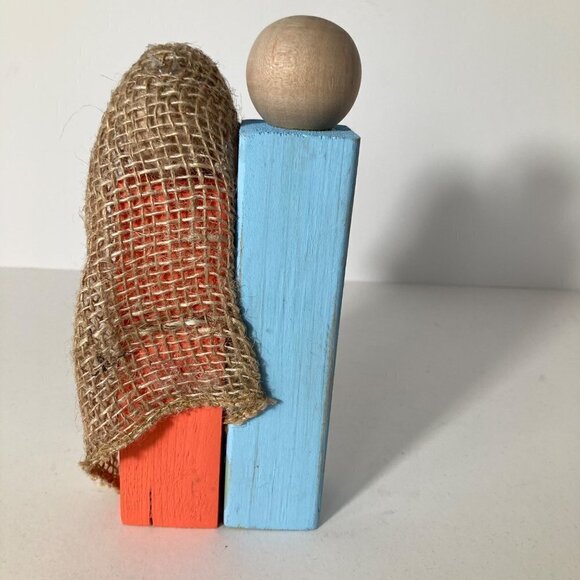 Handmade Rustic Wood Block Nativity Joseph Mary Jesus Blue Orange #1 - Picture 4 of 7